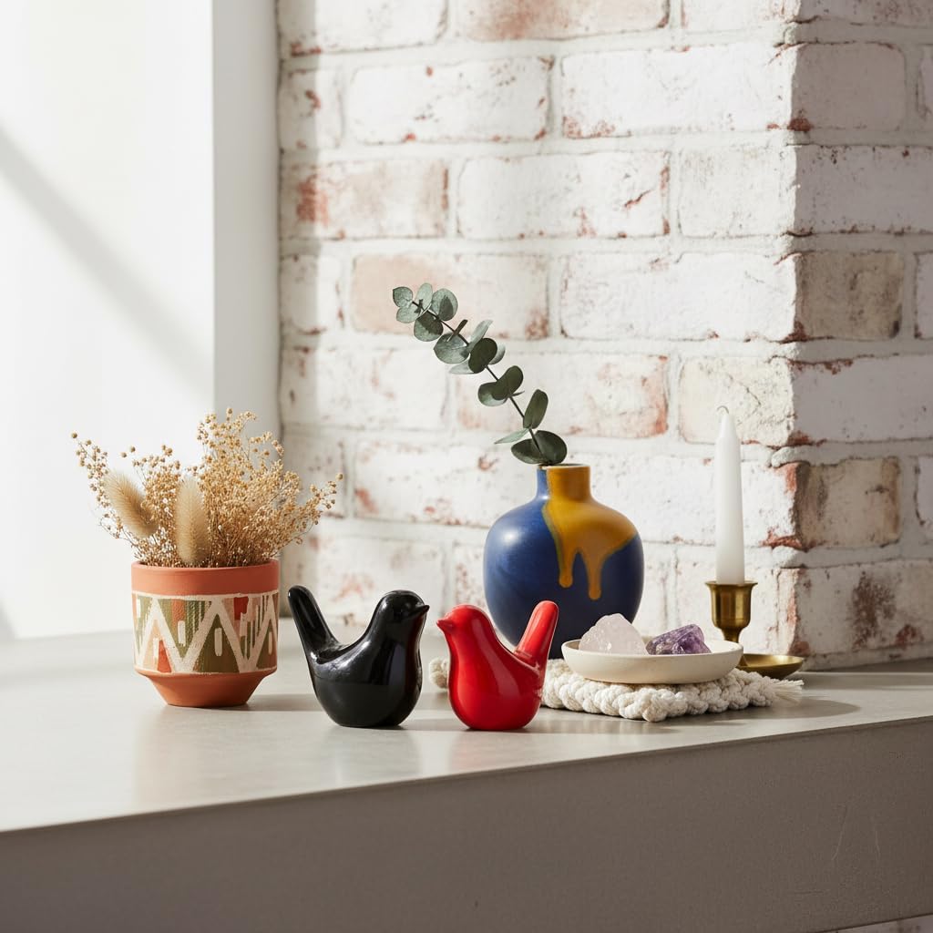 Small Ceramic Bird Statue and Sculpture / Black Red