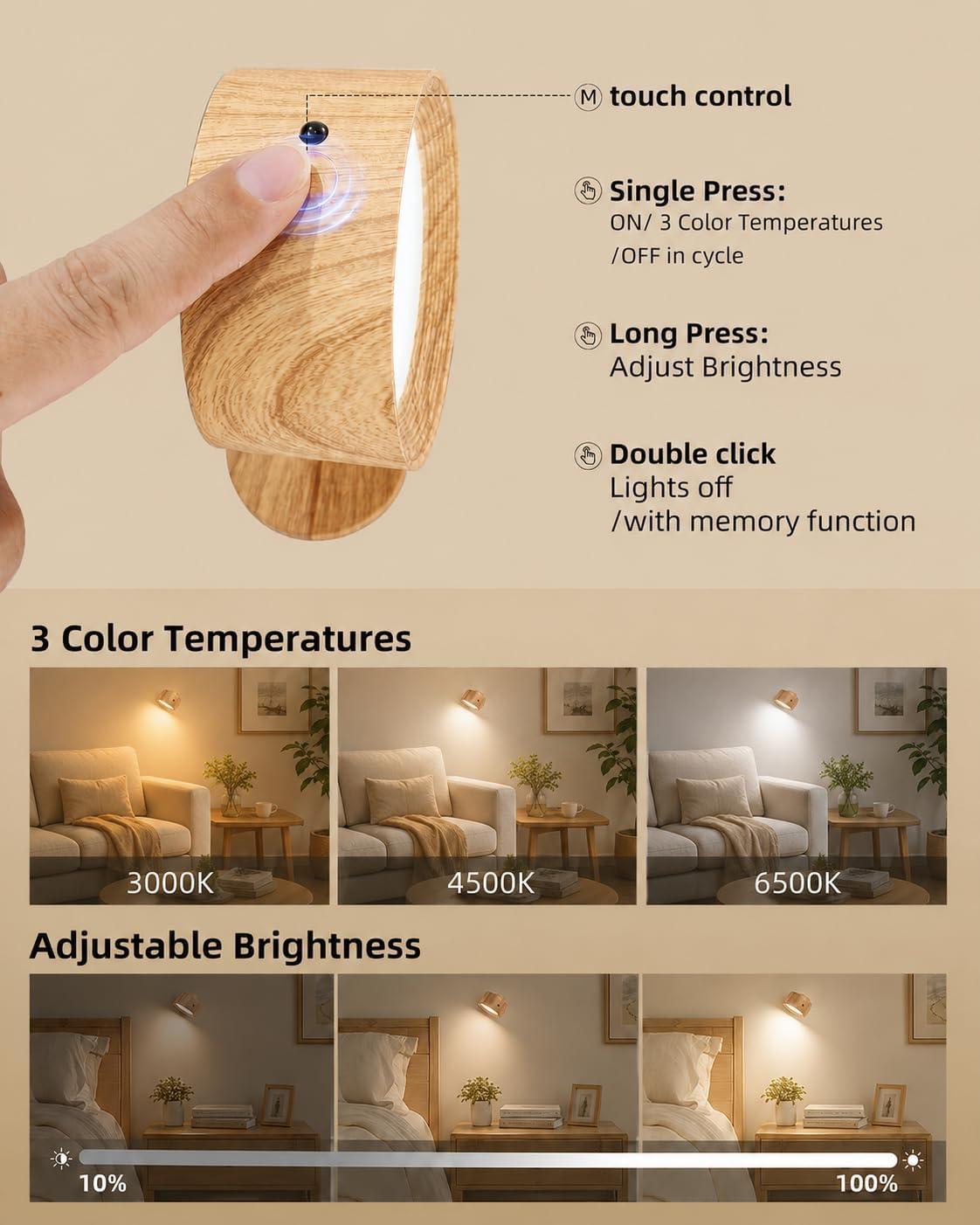 LED Wall Mounted Lights, Rechargeable Wall Sconces, 3 Color Temps, Remote & Touch, 360° Rotating and Dimmable for