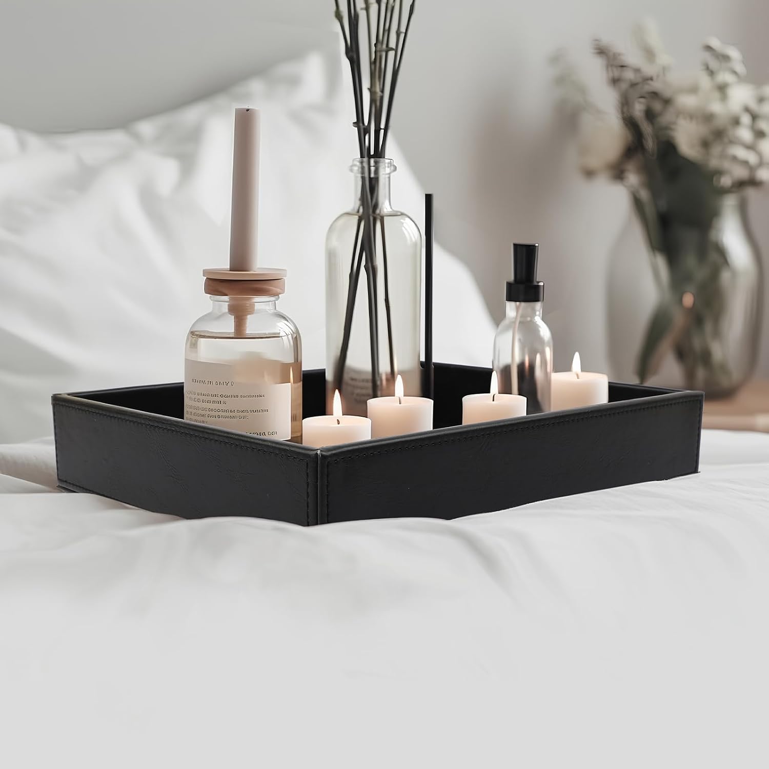 Leather Valet Organizer for Men – Black Catchall for Wallet, Keys, EDC, Jewelry, and Perfume – Nightstand, Dresser, and