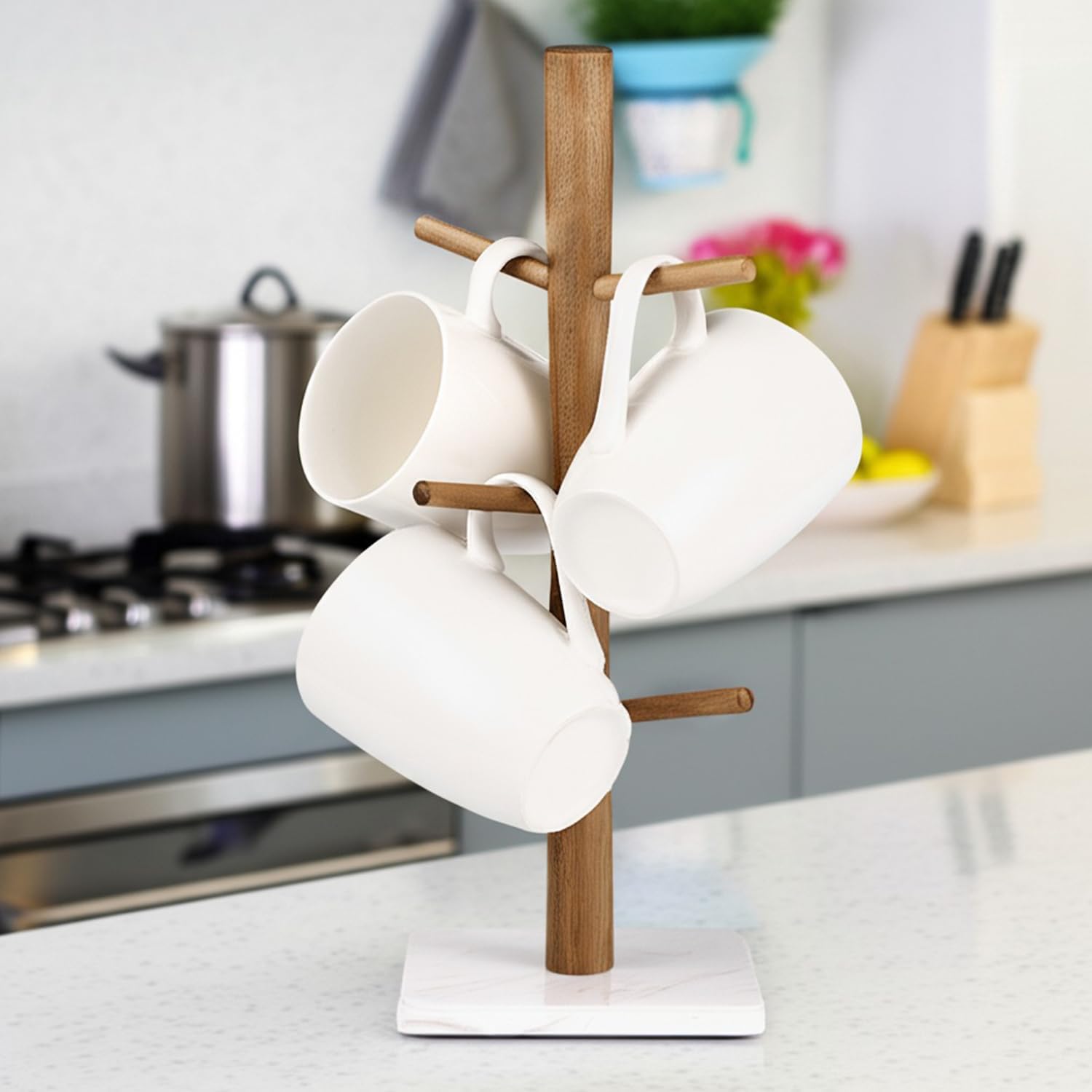 Buruis Acacia Wood Mug Holder with Marble Base, 6 Hook Mug Tree, White | Coffee Mug Rack for Countertop, Space-Saving