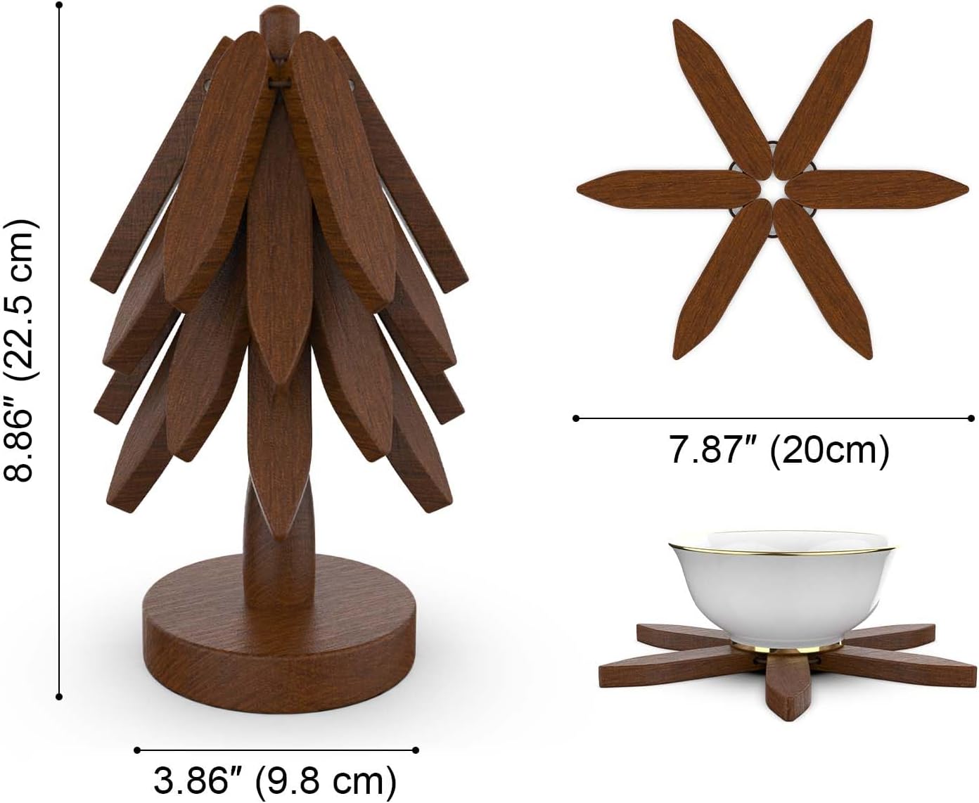4 Wooden Trivets+1 Stand / Walnut Wood / Natural