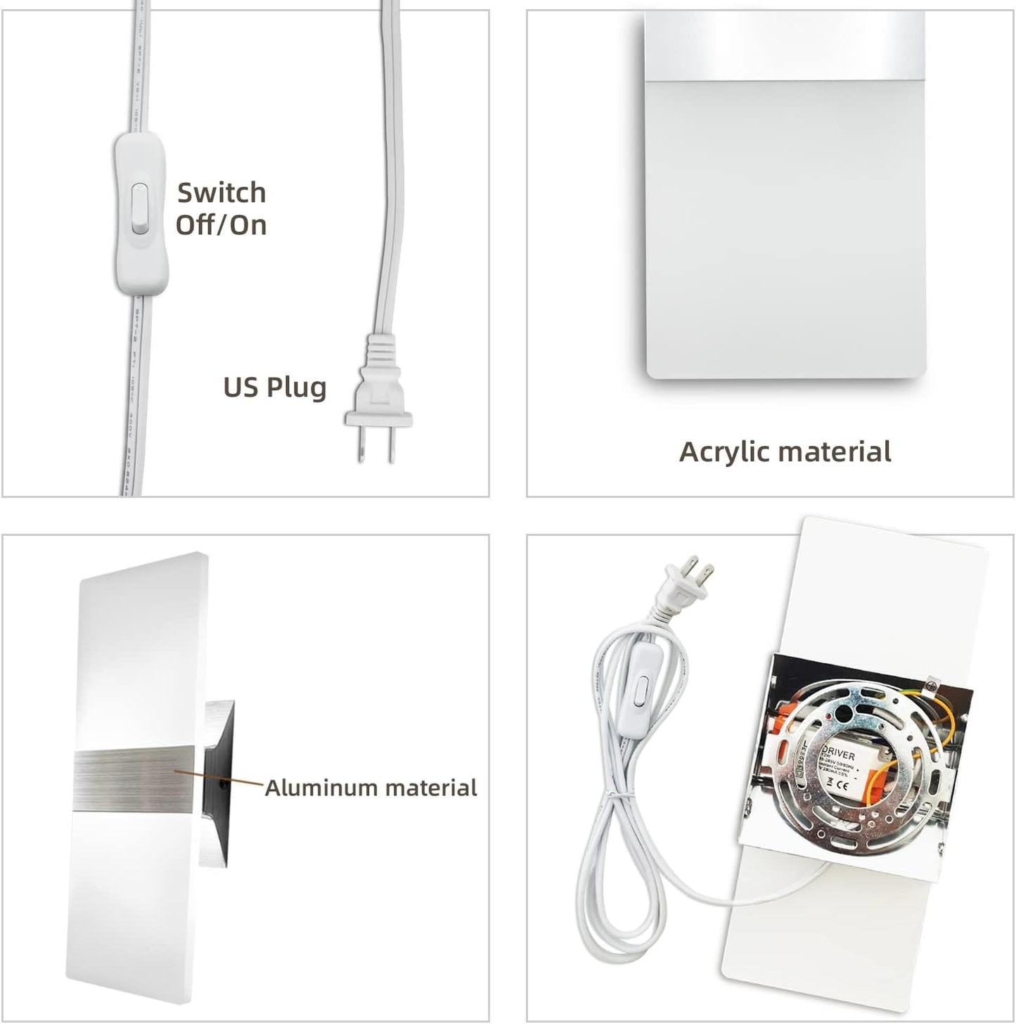 KICAAO Modern Wall Sconces Set of Two, Plug in 10W 6000K Cool White | Acrylic Wall Lights with 6FT/180cm Plug in Cord