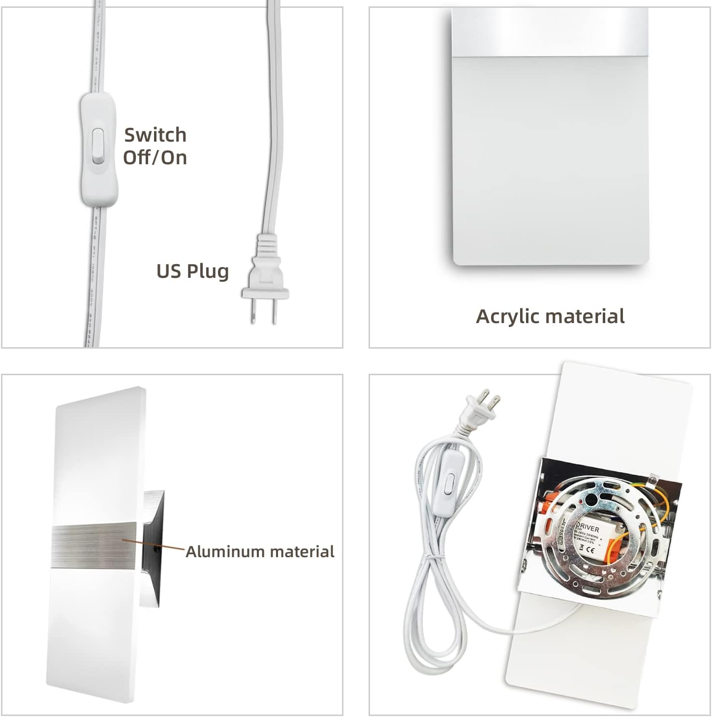 KICAAO Modern Wall Sconces Set of Two, Plug in 10W 6000K Cool White | Acrylic Wall Lights with 6FT/180cm Plug in Cord