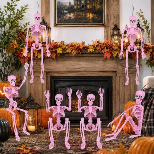 6Pack 16" Halloween Pink Skeleton Decorations with Eyes & Box (Pink)