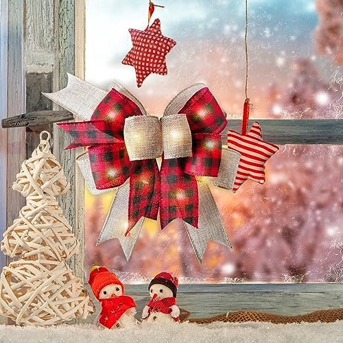 SIMISI RIBBON LED Christmas Buffalo Plaid Bow Rustic Burlap Black Red Crafts Wreath Bow with LED Lights for Holiday Decorations (9.5 x 13 inch)