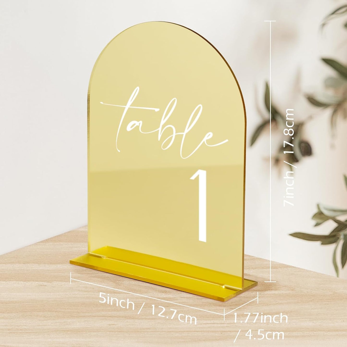 HOODO Gold Mirror Acrylic Wedding Table Numbers 1-15 with Stands, 5"x7" Arched Acrylic Sign and Holder, Gold Mirror