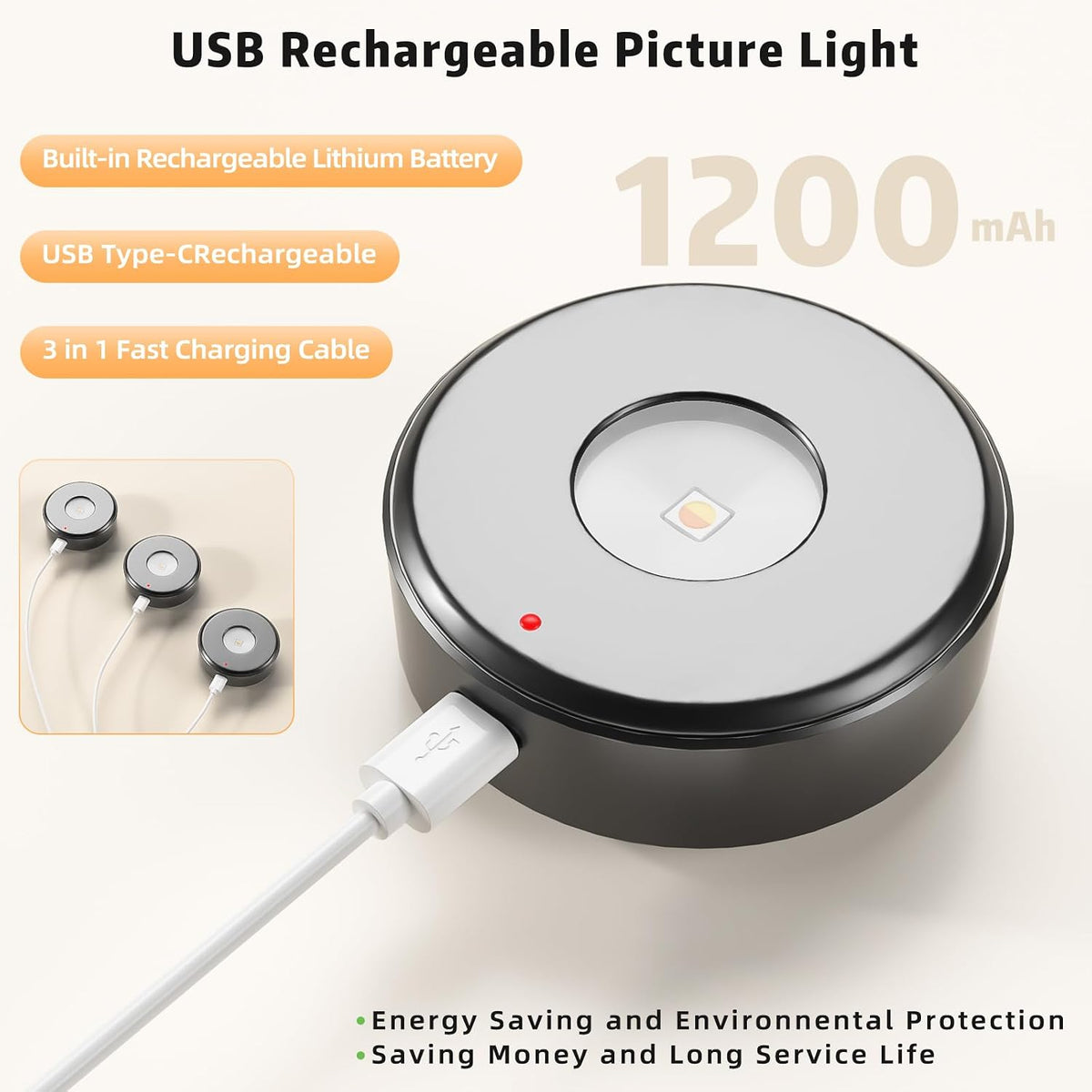 3 Pcs Picture Lights, Rechargeable Battery Operated Dimmable 3-Color Wall Light with Remote & Timer for Paintings