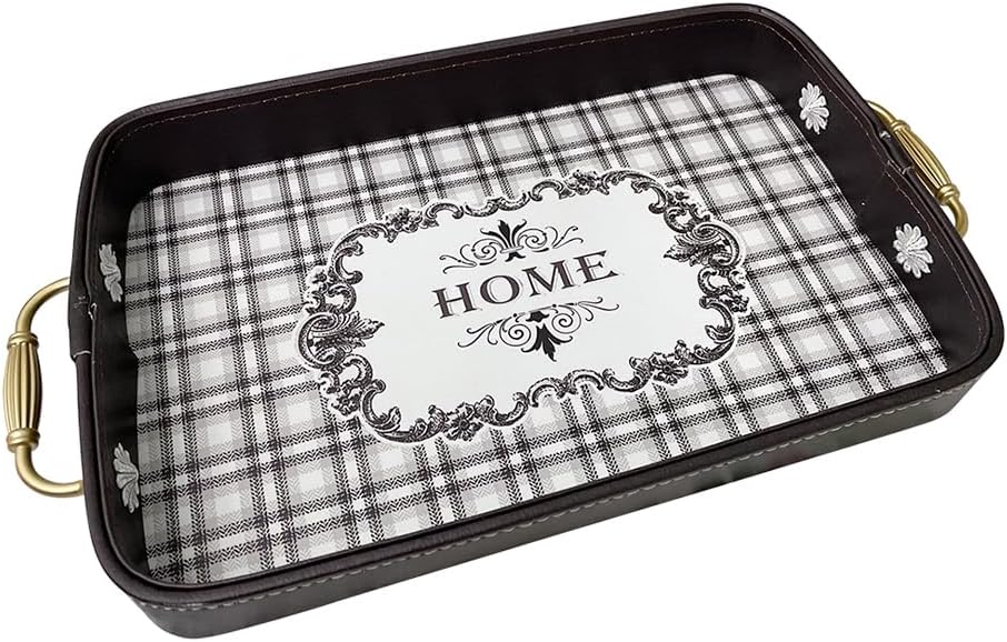 Elegant Leather Serving Tray / Black and White Checkered D