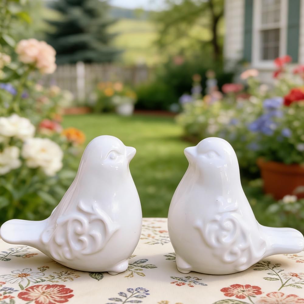 Ceramic Bird Figurines Decorative Bird Ornaments Statue / White / Set of 2