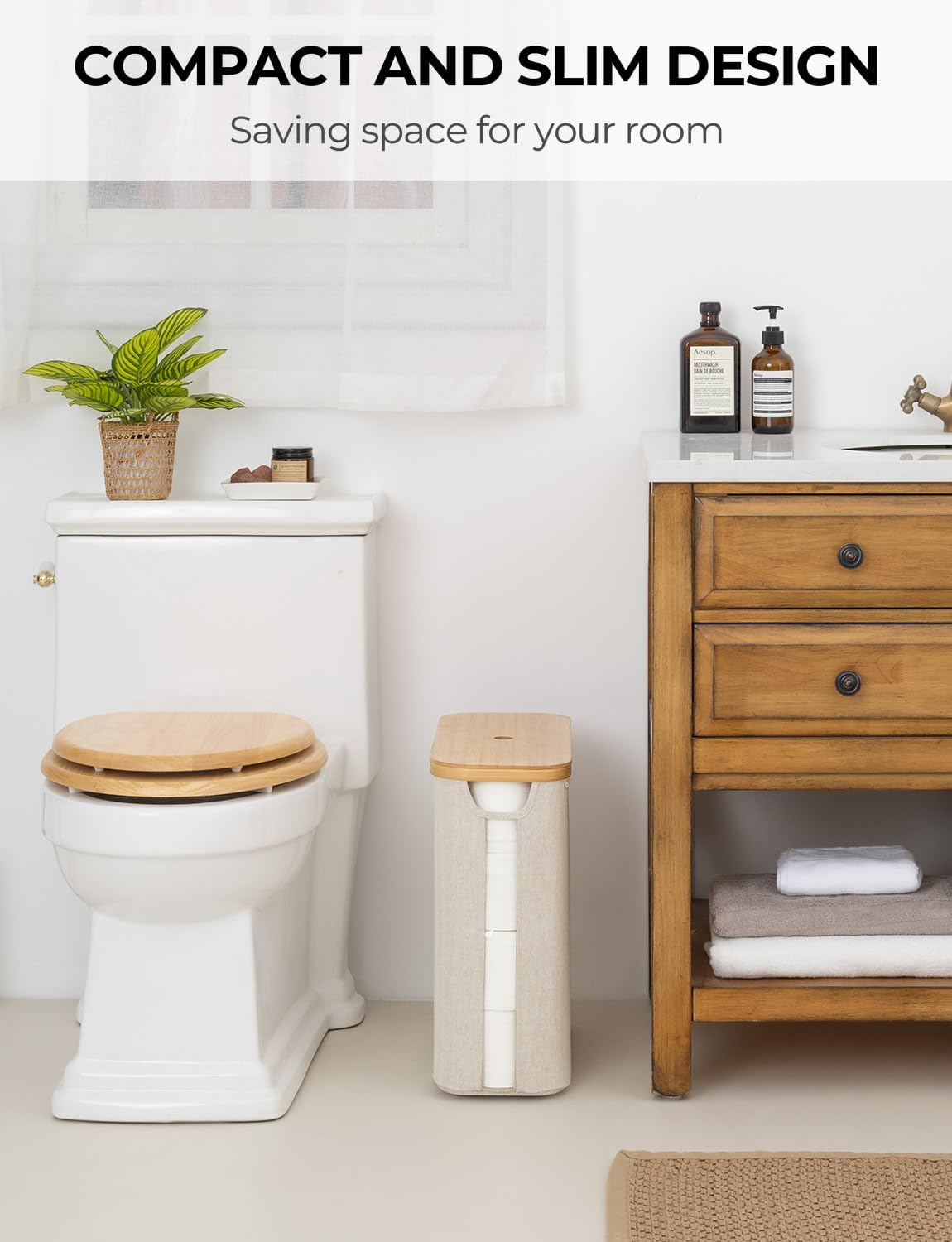 StorageWorks Toilet Paper Storage Basket with Bamboo Lid & Window | See Rolls at a Glance with Clear Window, Holds 16