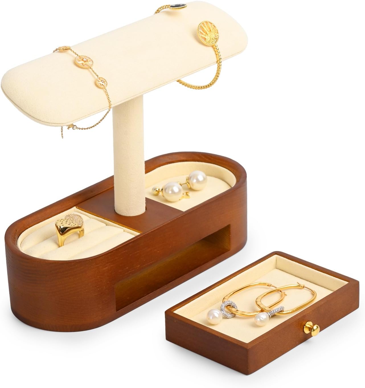 Oirlv Solid Wood Watch Stand with Drawer T-bar Watch Holder Organizer for Men and Women Showcase Bracelet Bangle