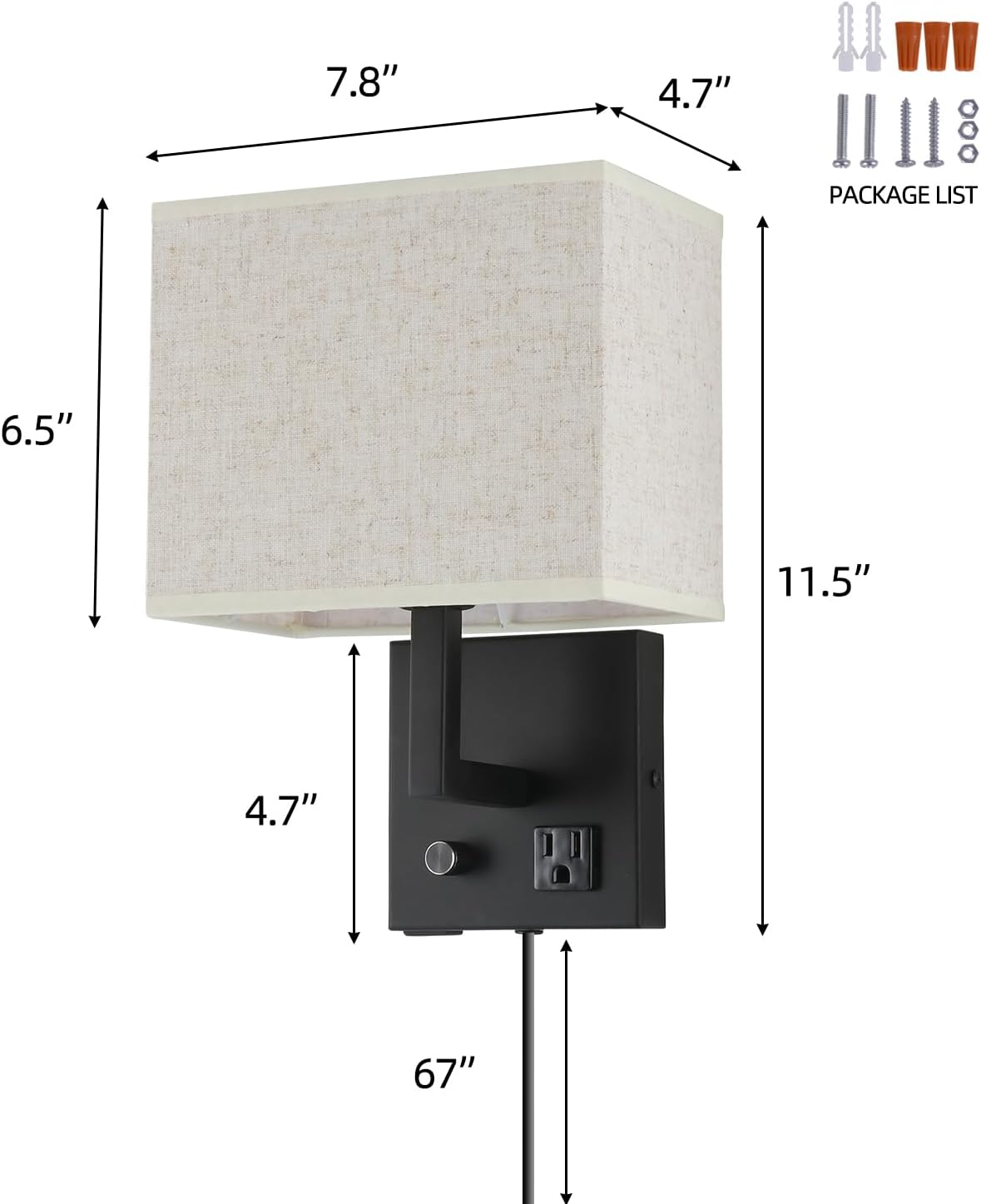 Bedside Wall Mount Light with Outlet and Dimmable Switch, Black Fabric Shade Wall Sconce Light with USB Port and Plug