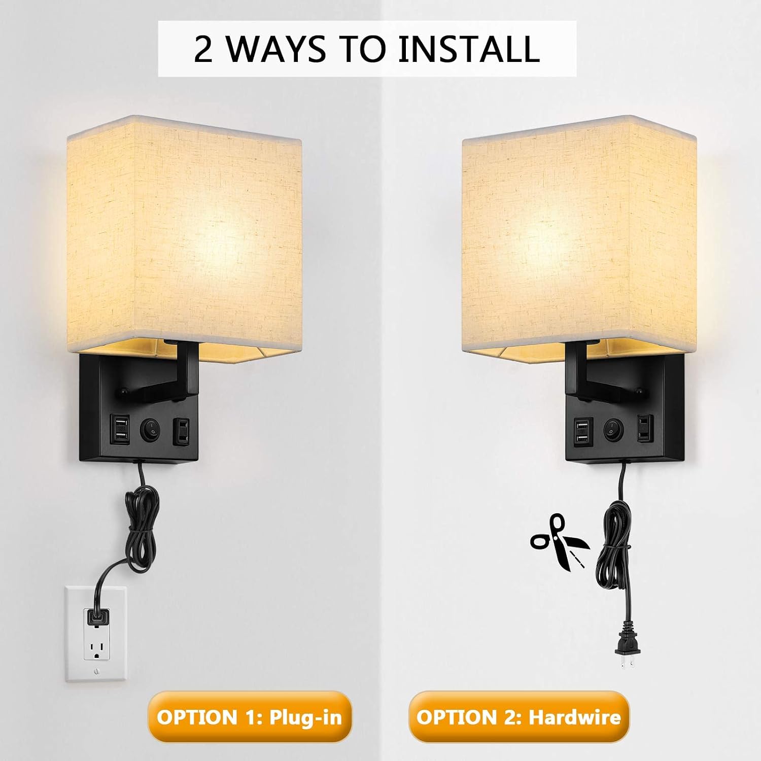 BTY Modern Wall Sconces Set of 2, Wall Lamps Bedroom Plug in with USB Charging Ports AC Socket Sconces Wall Lighting