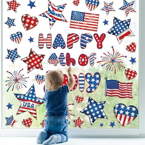 Whaline 9 Sheets Happy 4th of July Window Cling Stickers Patriotic Star American Flag Window Decals Independence Day Reusable Glass Decoration for Party Home Office Classroom
