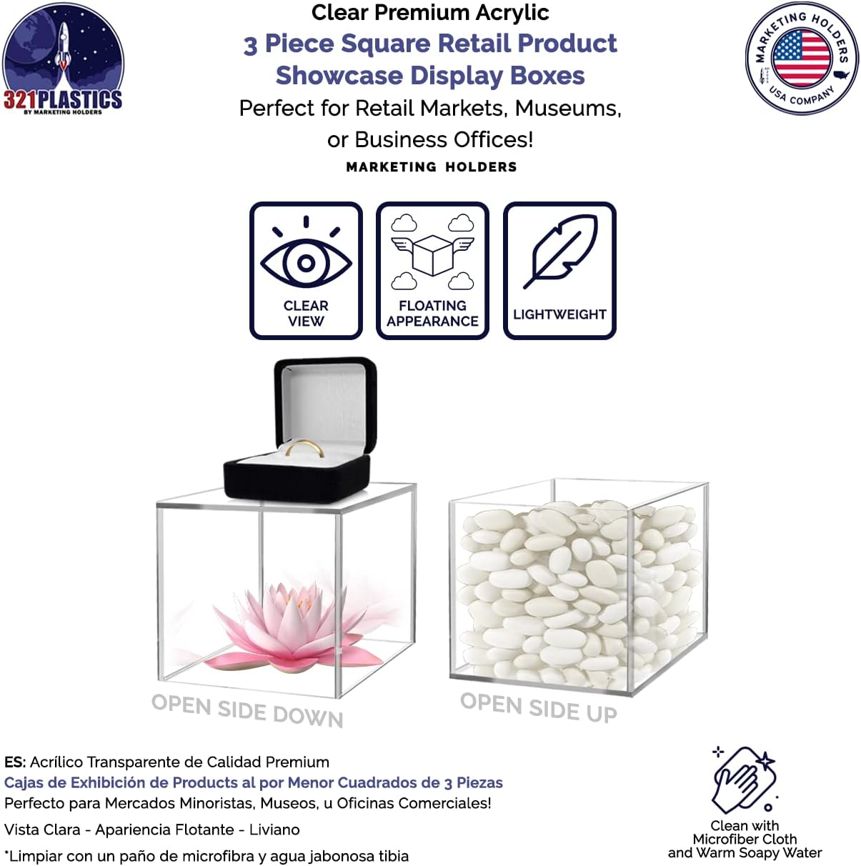 Marketing Holders Acrylic Display Riser Box Clear 4" 5" 6" Set One Open Side No Lid Merchandise Storage Caddys or Bins