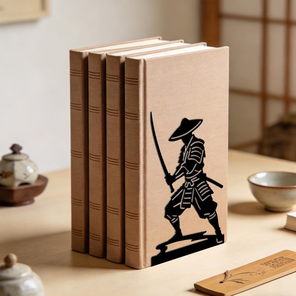 Japanese Anime Warrior Heavy Duty Metal Book Ends for Men / Japanese Samura / Black