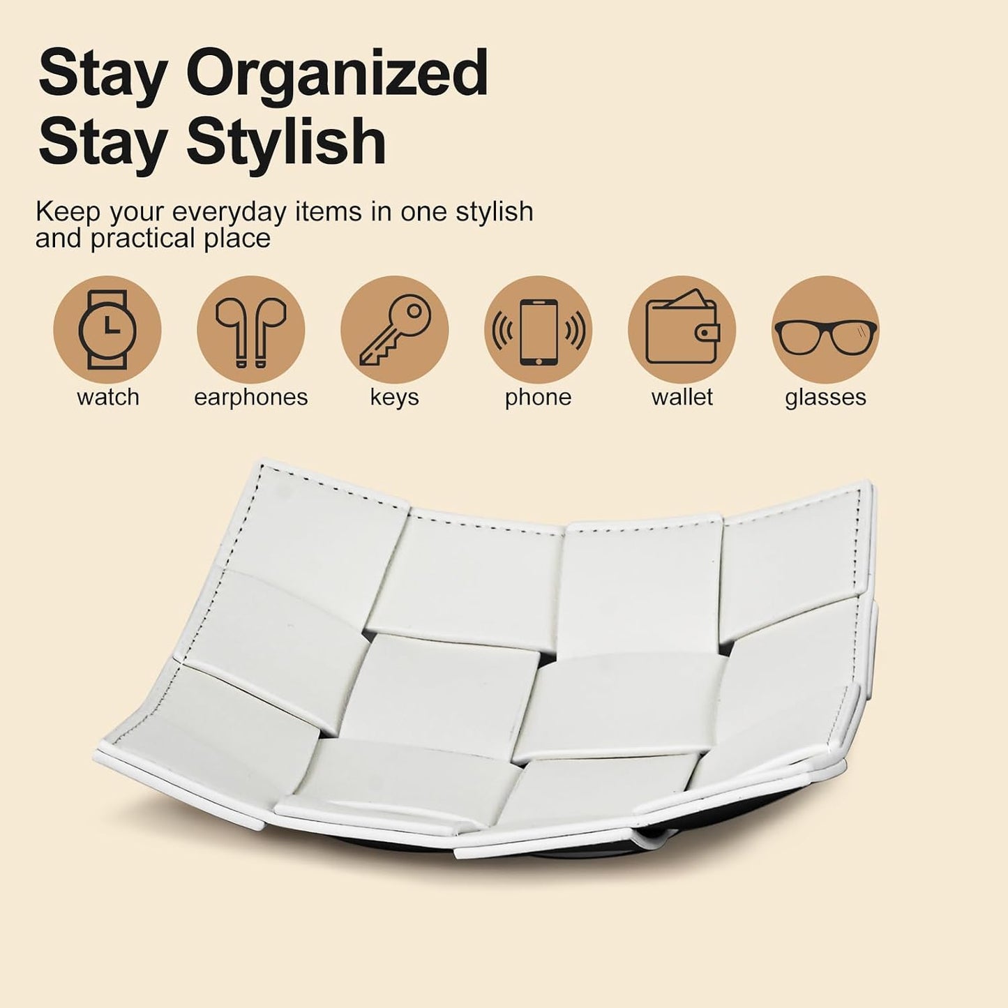 PU Leather Valet Tray for Men Women Key Holder Bowl for Entryway Table Bedside / Small White