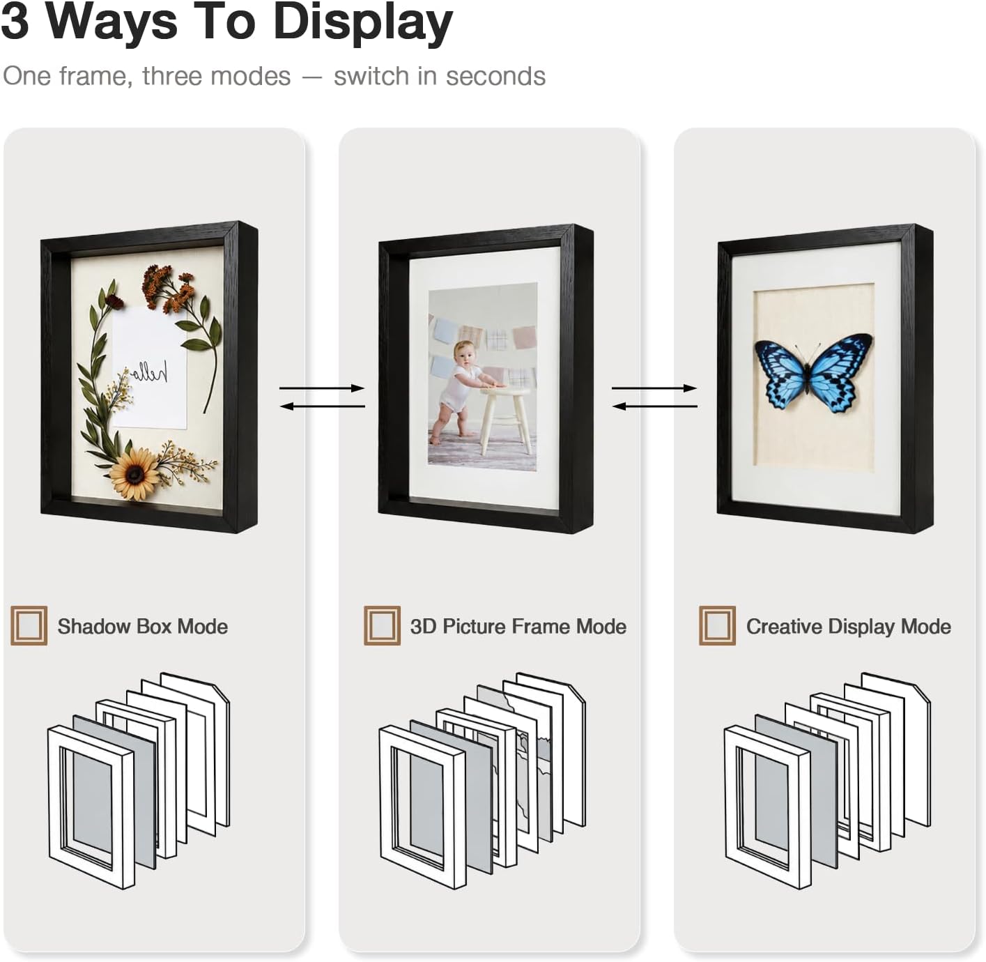 8x10 Shadow Box Picture Frame, 4-Pack Linen Back, with Mat, Black | Wooden Display Cases, 3 Ways to Display, Acid-Free