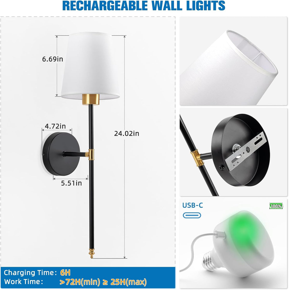 Battery Operated Wall Sconce Set of 2,Gold-Black Rechargeable Wall Lights with 10400mAh Dimmable Bulbs and Remote,9