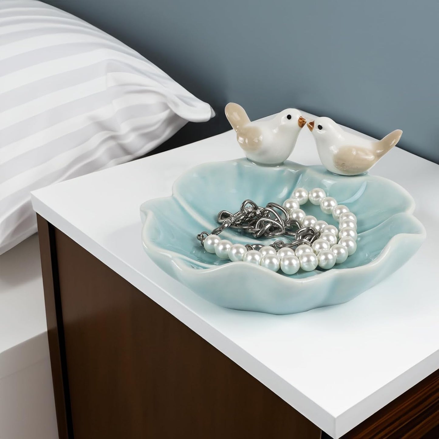 Ceramic Jewelry Tray Trinket Dish Decorative Bird & Lotus Leaf Ring Holder Dish Aesthetic / Blue