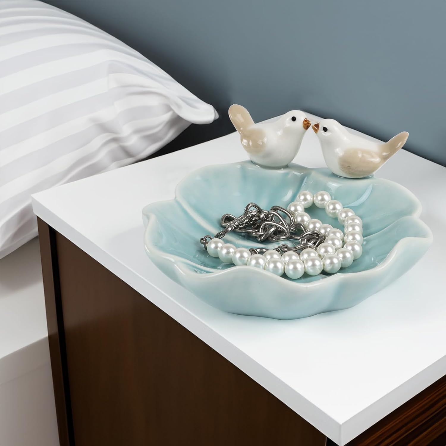 Ceramic Jewelry Tray Trinket Dish Decorative Bird & Lotus Leaf Ring Holder Dish Aesthetic / Blue