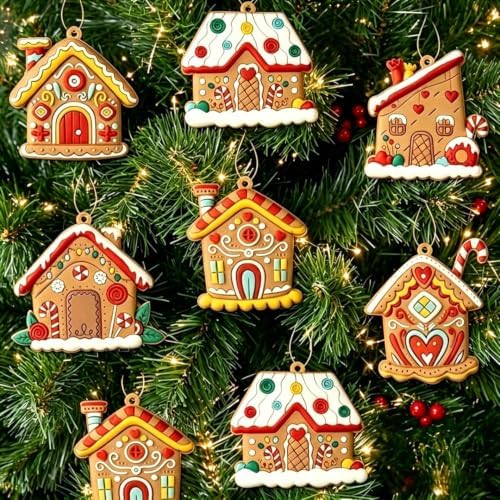 6Pcs Gingerbread House Ornament, Christmas Tree Ornament Rustic Farmhouse Gingerbread House Decor House Pendants for Holiday Party Favor