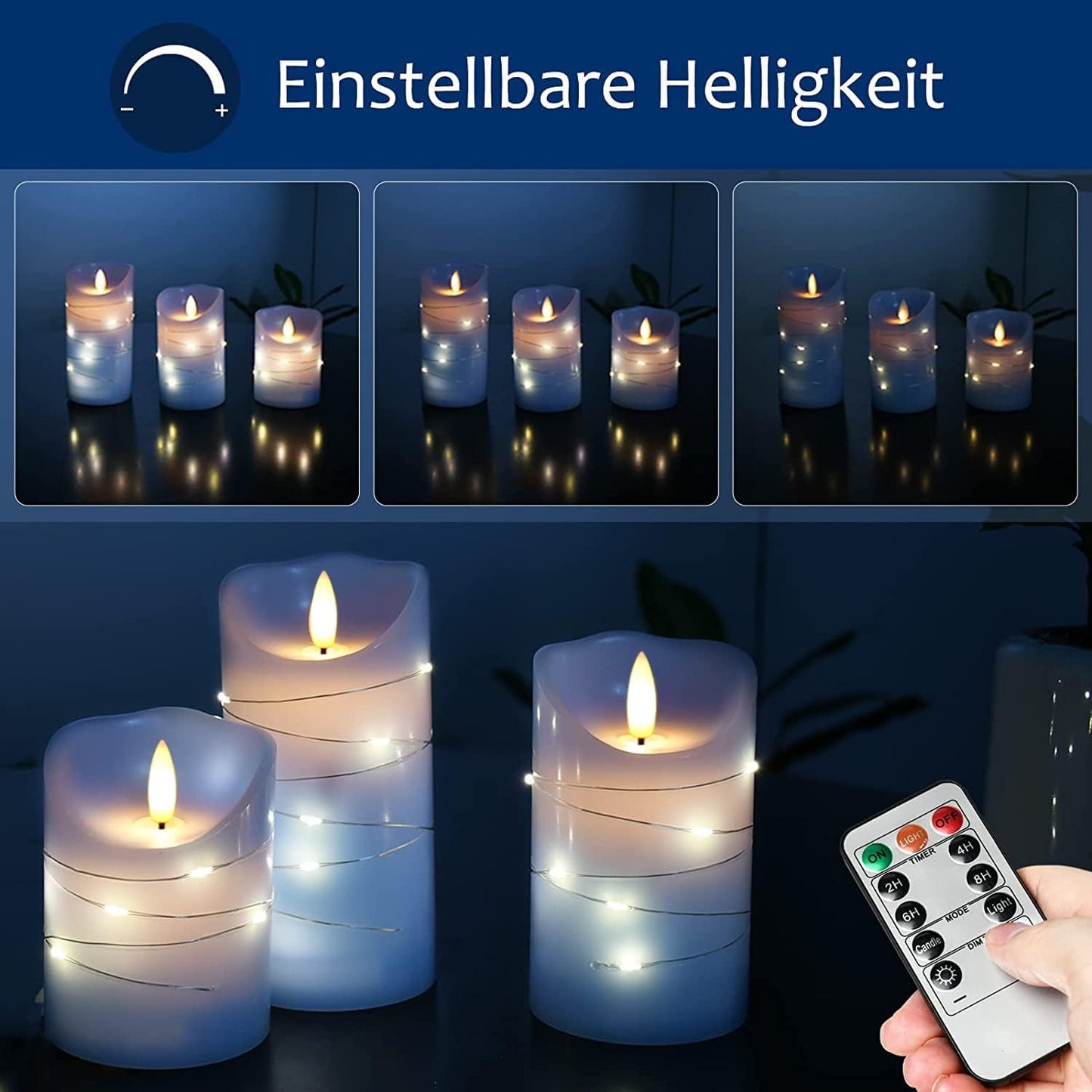 danip Sky Blue LED Flameless Candle, with Embedded Star String, 3-Piece Set of LED Candles, with 11 Button Remote