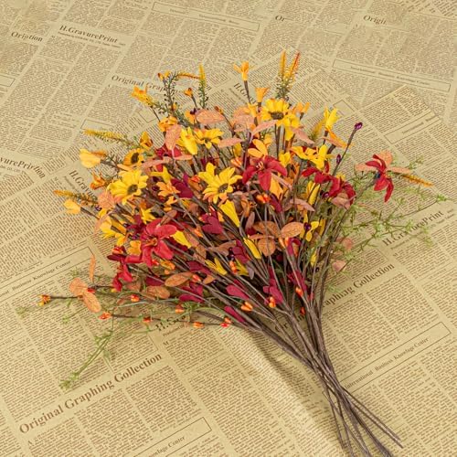 J'FLORU Artificial Fall Flowers 12 Pack Fall Floral Picks 17 Inch Autumn Flower Stems for Thanksgiving Harvest Vases Centerpieces Flower Arrangements