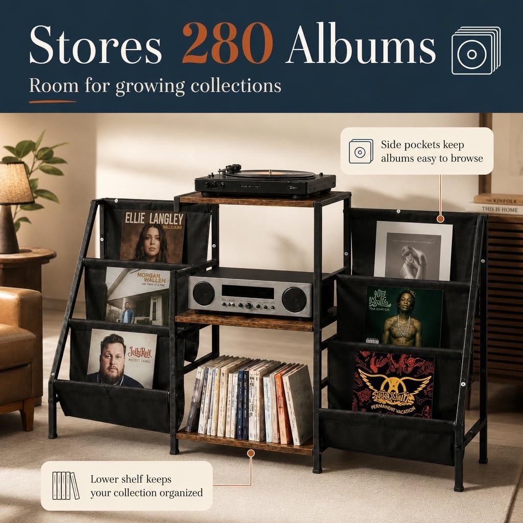 Record Player Stand with Storage, Vinyl Record Holder with Power Outlet | Holds 280 Albums, Vinyl Record Storage