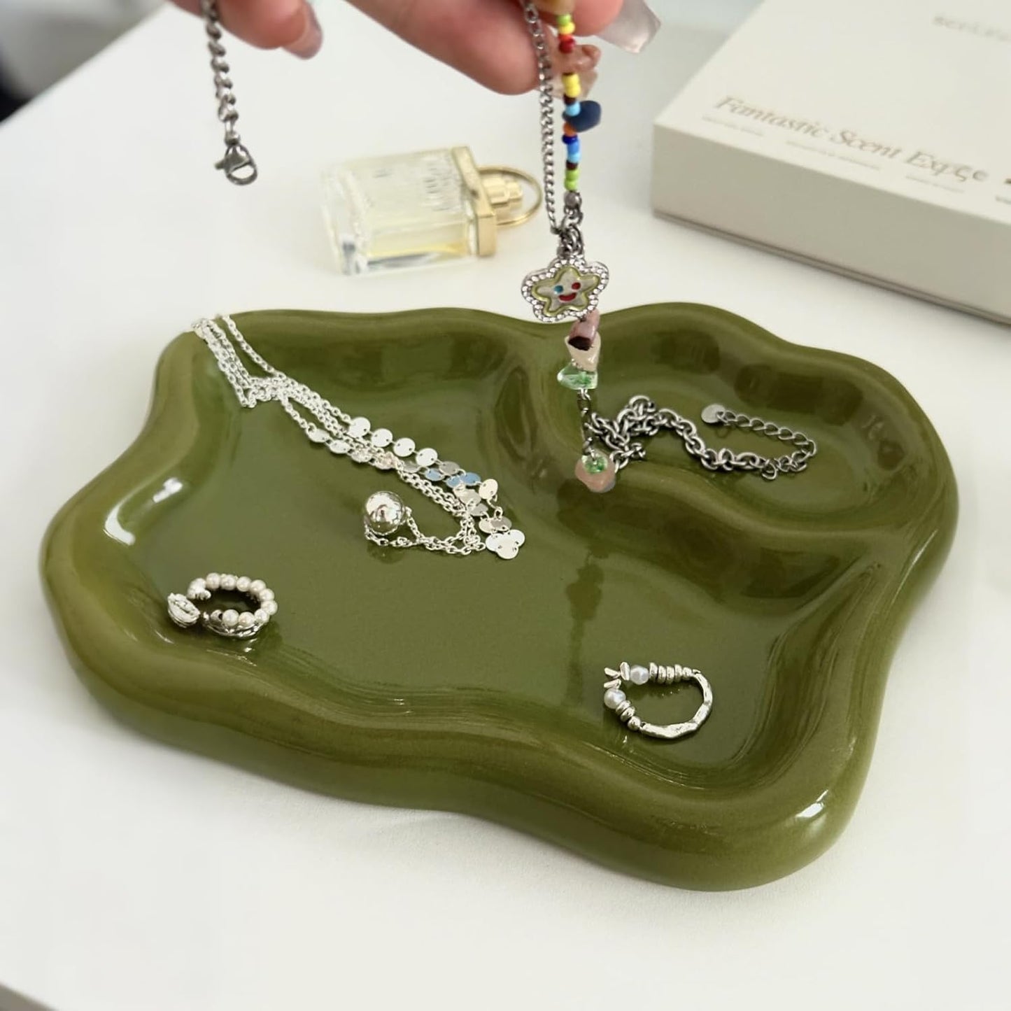 Green Ceramic Jewelry Tray Dish Large-sized Display Organizer Trinket Watch Keys / Olive Green