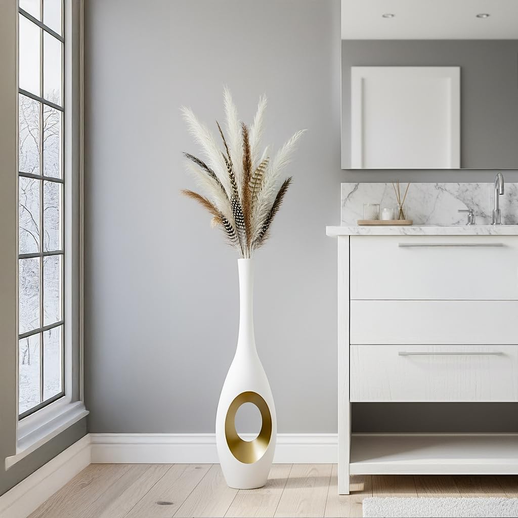 Modern Oval Floor Vase / White & Gold / 23.6in