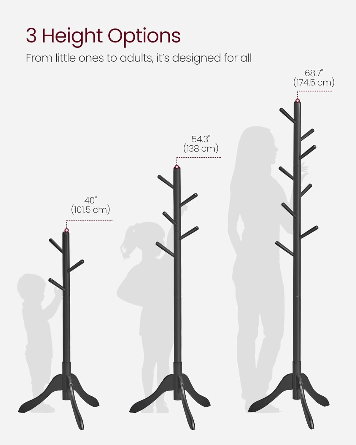 VASAGLE Solid Wood Coat Rack, Free Standing Tree-Shaped Coat Rack with 8 Hooks, 3 Height Options, for Clothes, Hats