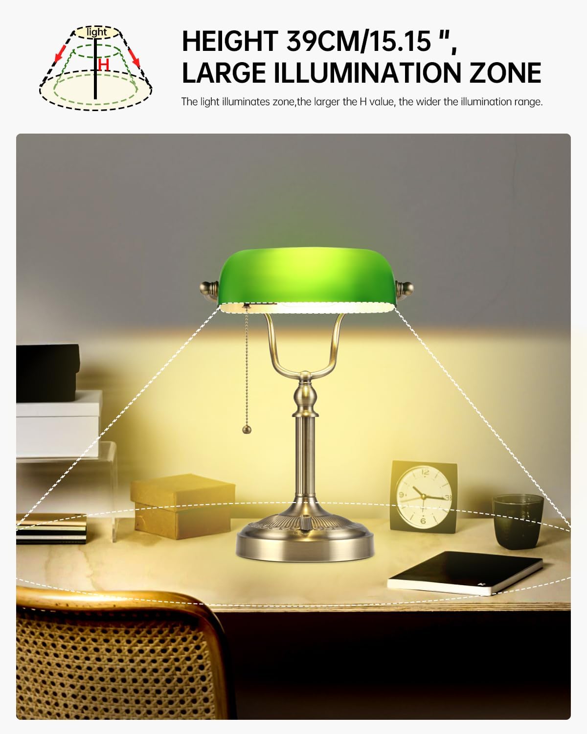 Green Stepless Dimmable Glass Bankers Desk Lamp | Table Lamp Plug in Fixture for Study, Office, LED Bulb Included