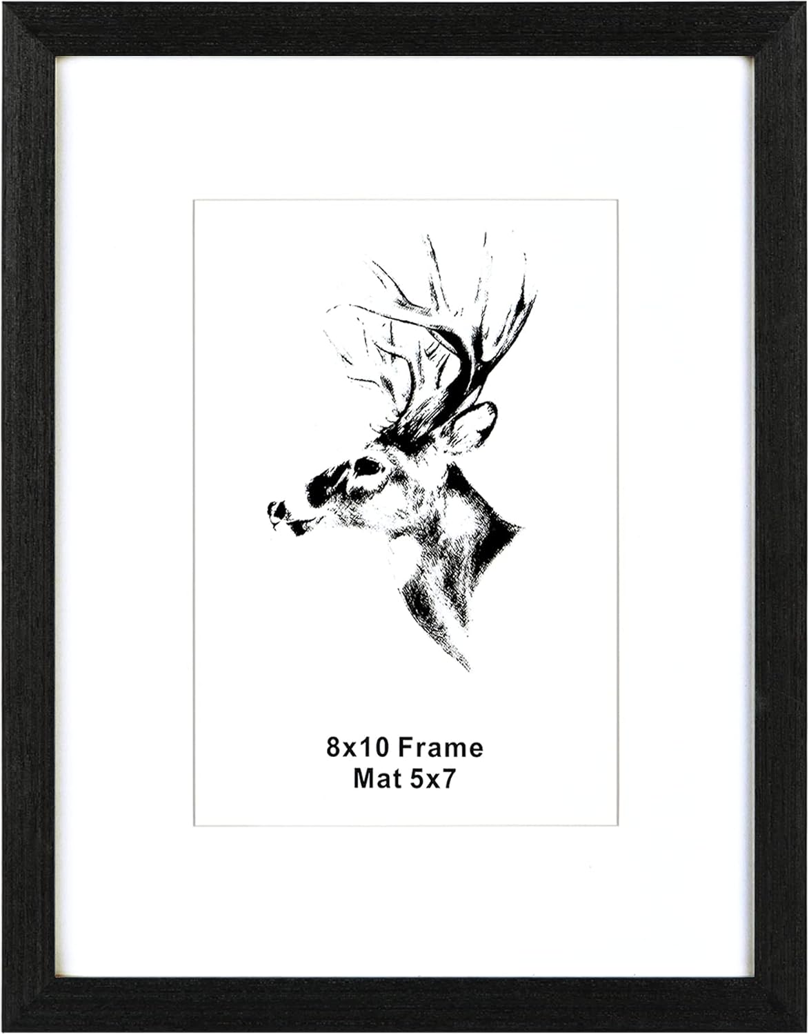 Yaetm 8x10 Picture Frame Set of 4, Solid Black Wood 8x10 Photo Frames with Tempered Glass, Display 5x7 with Mat or 8 x