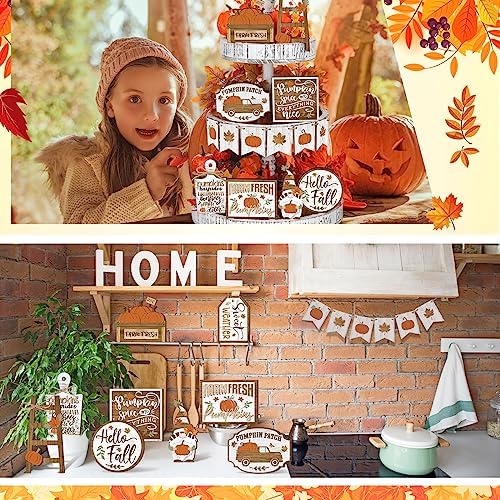 Thyle 15 Pcs Fall Tiered Tray Decor, Rustic Fall Table Decor