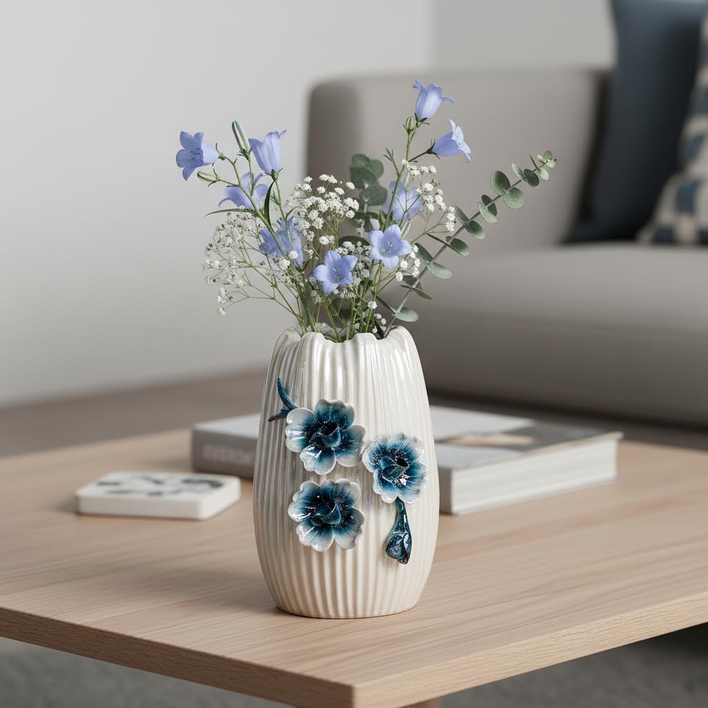 Modern Ceramic Vases for Centerpieces / White and Dark Blue / 7 Inch