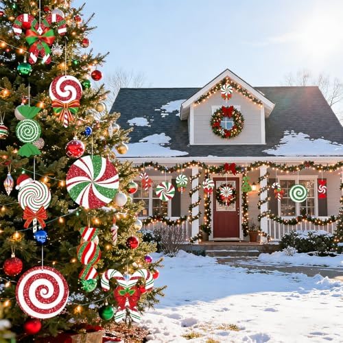 18Pcs Candy Christmas Decorations Outdoor Large Hanging Candy Cane Paper Ornaments Merry Xmas Peppermint Signs Decor Double Sided Printing for Outside Yard Tree Indoor Home Office Winter Holiday Party