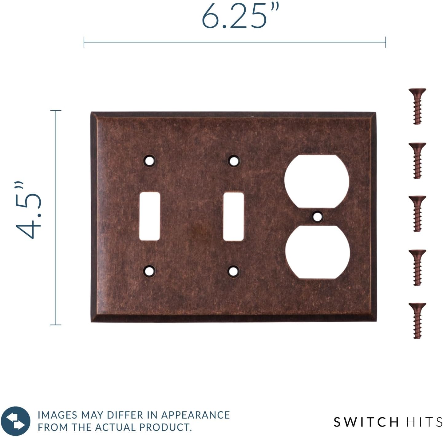 Mottled Antique Copper Outlet Wall Plate | 2 Toggle - 1 Duplex | 6.25" x 4.5" | Hand-Polished Brass Construction
