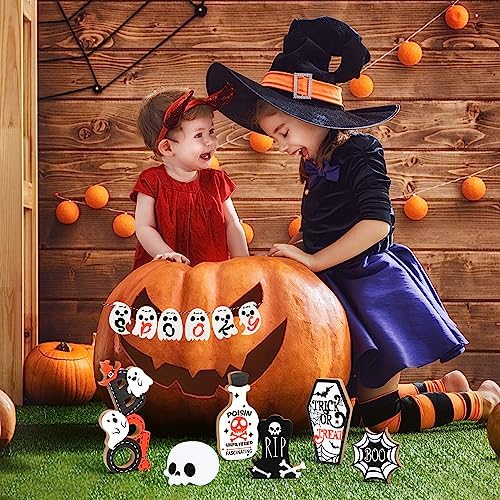 SULOLI Halloween Tiered Tray Decoration, 12 Pcs Halloween Wooden Signs Haunted House Party Farmhouse Rustic Tiered Tray Decor for Home Table Houseroom
