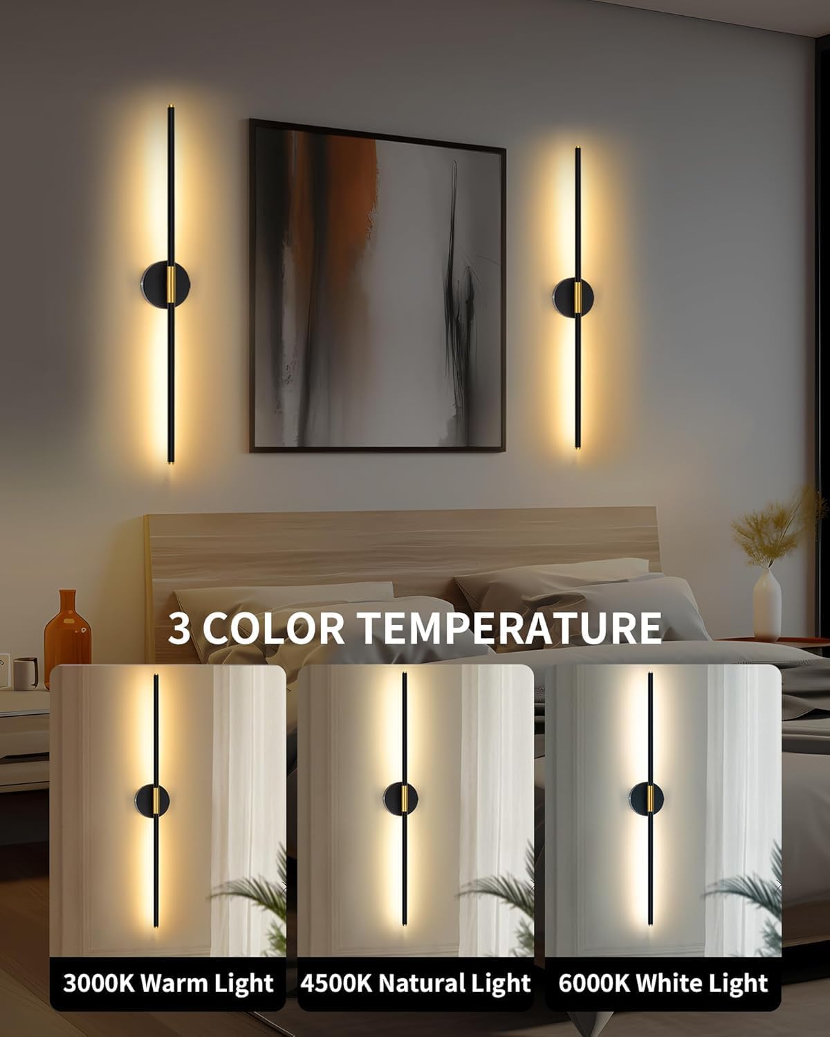 32" Battery Operated Wall Sconce Set of 2, Black Gold Wall Light | Wireless, 8000mAh Rechargeable Battery, Stepless