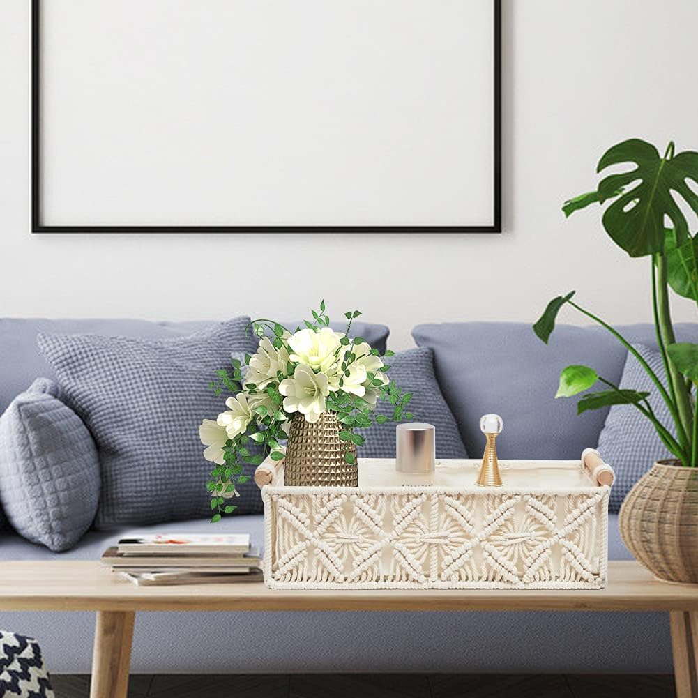 Macrame Storage Basket Boho Decor Baskets for Organizing Woven Decorative for Countertop / White
