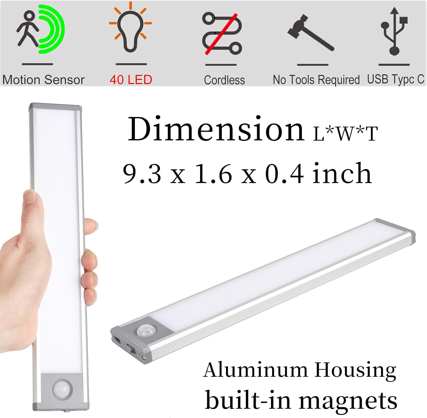Rechargeable 2 Pack Bright 40LED Motion Sensor Activated Night Light for Closet, Kitchen Counter, Battery Operated