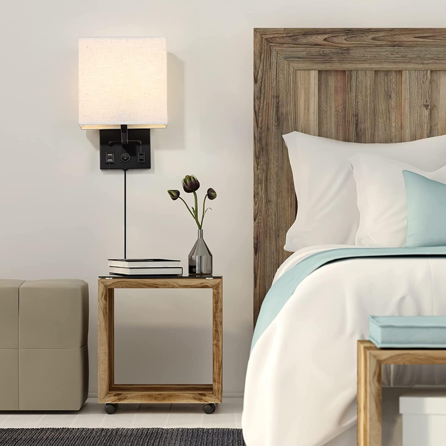 HAITRAL Wall Sconces Plug in with Bulbs - Wall Lamps for Bedroom with USB and Outlet,Sconces Wall Decor Set of 2 with
