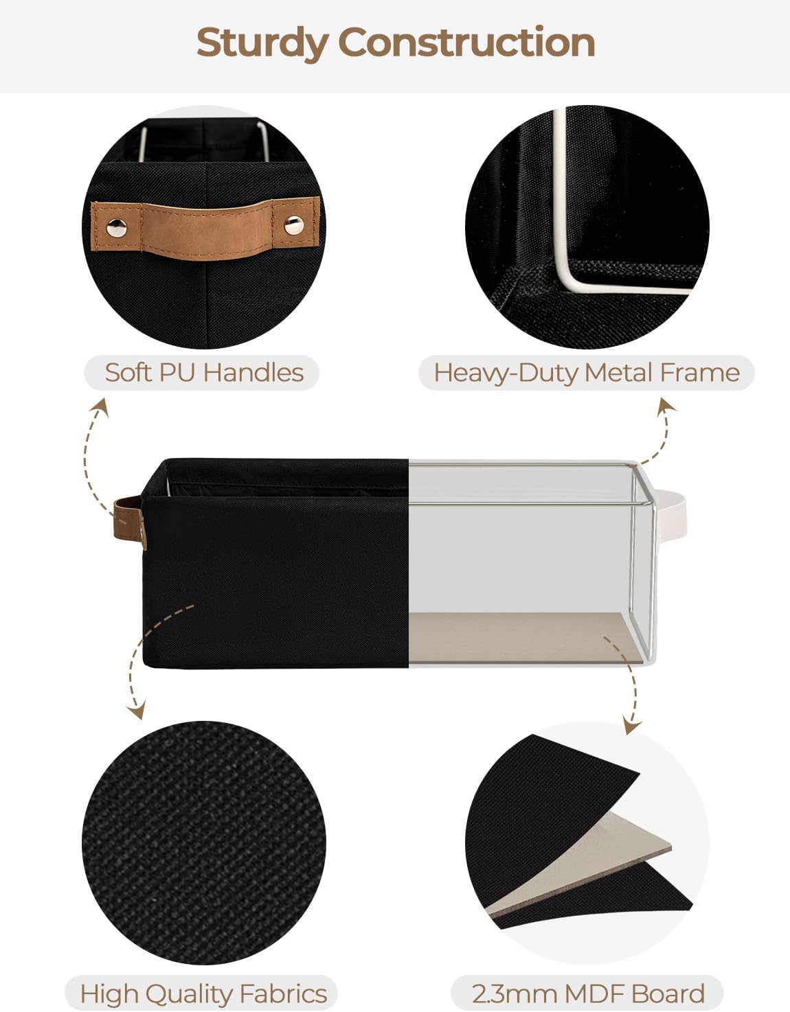 Fabric Organizer / Narrow Storage Bins / Black / 15"L x 6"W x 5"H