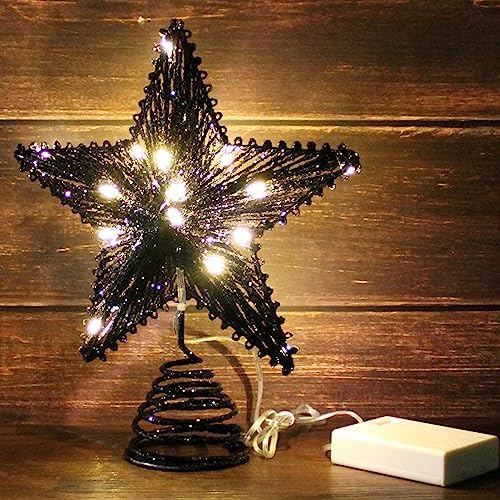 CVHOMEDECO. Tree Top Star with Warm White LED Lights and Timer for Christmas Ornaments and Holiday Seasonal Décor, 8-Inch (Black)