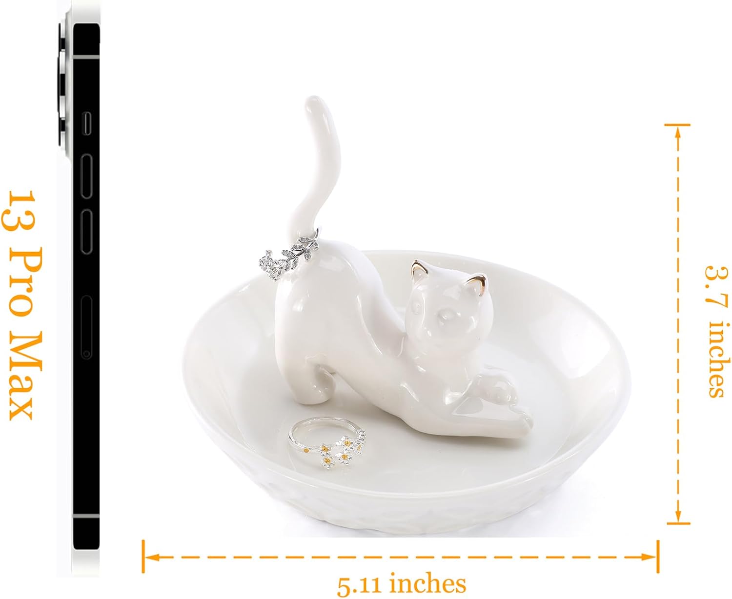 Ceramic White Ring Holder Jewelry Tray / White Lying Down Cat