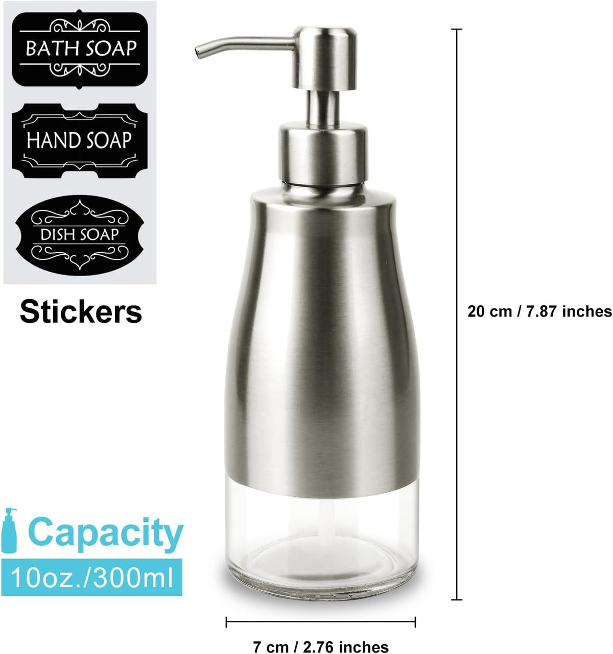AUMIO 2-Pack Soap Dispenser Set, Brushed Nickel & Black with Glass Liner | Stainless Steel Case | Refillable Design