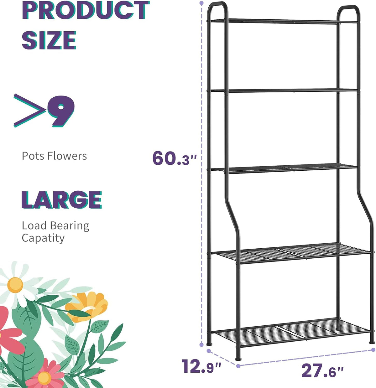 5-Tier Corner Plant Stand, Metal Black Flower Pot Rack, Indoor Outdoor Heavy Duty Shelf (Black, 5 Tier)