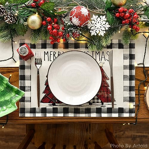 Artoid Mode Waterclor Buffalo Plaid Christmas Trees Placemats Set of 2, 12x18 Inch Winter Table Mats for Outdoor Home Party Kitchen Dining Decor