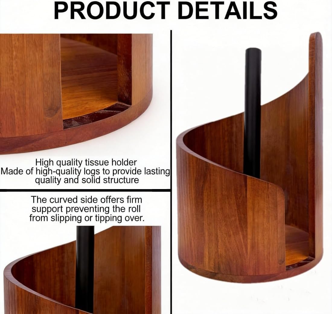 Large Size Countertop Paper Towel Holder with Mango Wood Round Base and Iron Stand, Kitchen Roll Organizer for Kitchen